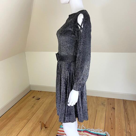 Vintage 60s 70s Metallic Lurex Skater Mini Dress Disco Cutout Sleeves XSmall XS - Picture 8 of 11